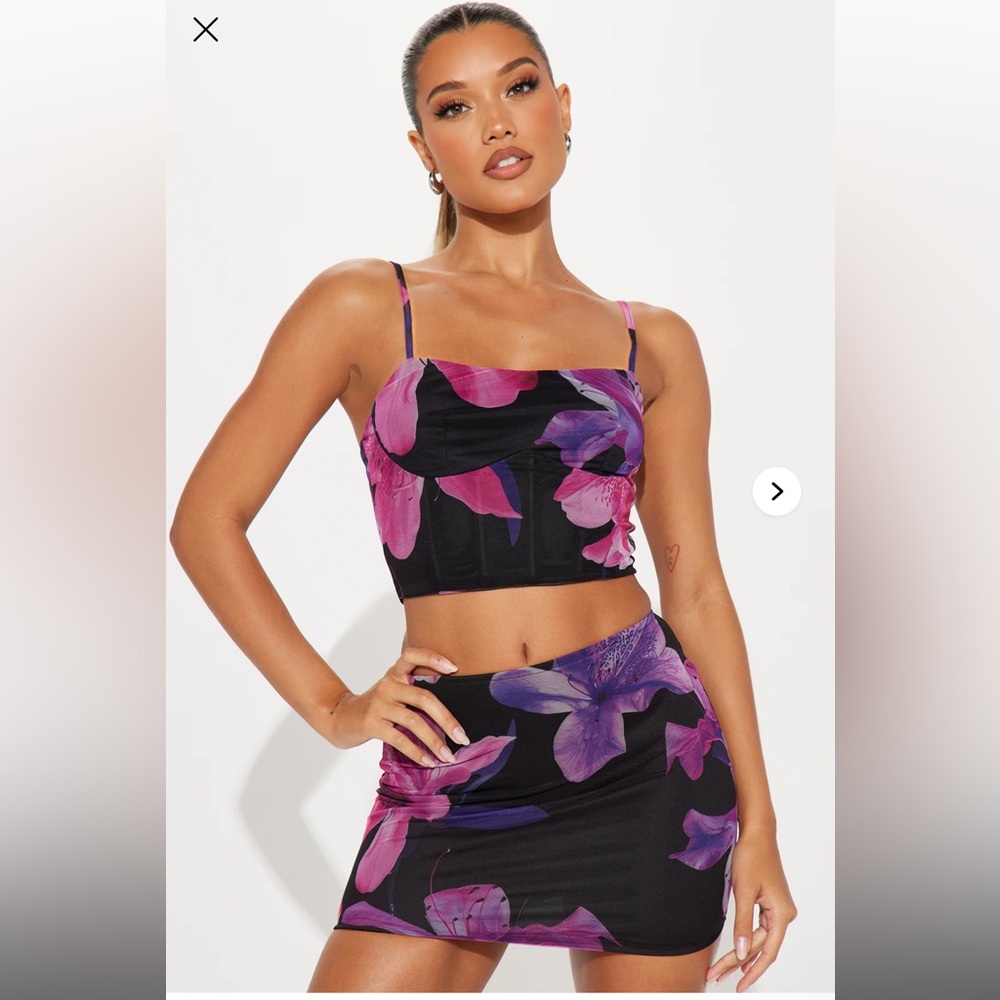 Fashion Nova Black and Pink Floral Skirt Set